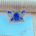 Elegant gold butterfly hair clip with deep blue drop stone and blue plush decoration - Pompom Butterfly (F0005) / Dark Blue