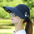 Women's dark blue sun visor with floral lining, side flower decor and adjustable chin strap - Pearl Leaf Style / Black