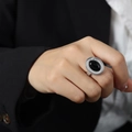 British retro silver oval ring with black agate inlay on model for jewelry set - Oval Gemstone Face (A686) / Steel / US 8