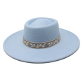 Detail of light blue wide brim wool fedora hat featuring a bohemian woven geometric band - M (56-58cm) / Sky Blue