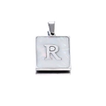 Square silver stainless steel necklace pendant with shell inlay and letter R - Steel R