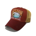 Dettaglio ricamo aquila su cappello trucker in mesh bordeaux e giallo con rete - M (56-58cm) / Arancione