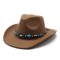 Detail of a brown felt cowboy hat featuring a turquoise beaded band and vintage metal buckle - M (56-58cm) / Khaki