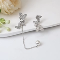 Silver butterfly earrings with sparkling crystals, long chain tassel, and white pearl - E2864-Silver Butterfly Tassel Full Pave