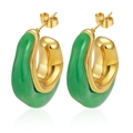 Fashionable green resin and gold-tone stainless steel water drop hoop earrings for women. - Green No. 3