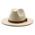 Elegant cream wool fedora hat with flat wide brim and brown leather band detail - One Size 58cm Circumference / Beige