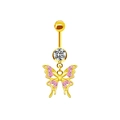 Dettaglio ravvicinato di un piercing all'ombelico dorato con farfalla rosa - Oro Rosa Zirconia Doppia Farfalla