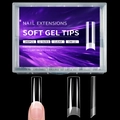 Close-up of 240pcs clear soft gel nail tips in 12 sizes with smooth matte square finish - Long Square (OM-12)