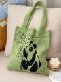 Cute panda and bamboo pattern knitted tote bag in grass green with wide straps - Green