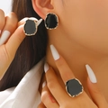 Vintage irregular gold-plated black drip oil ring and earrings set for women - Black Stud Earrings & Ring (Set 09)