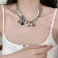 Multi-layer necklace with white and grey pearls featuring silver and gold metallic chains - Mixed Color Multi-Layer Artificial Pearl Patchwork Necklace (X4392A)