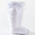 White knit knee-high baby socks with elegant double satin bows and cable knit texture - L / White