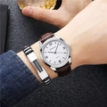 Silver quartz watch with white dial and brown leather strap plus modern bracelet - Brown Strap White Face + Bracelet