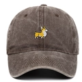 Detail shot of embroidered Corgi dog on washed cotton vintage style baseball cap - Adjustable / Coffee