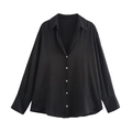Detail of black satin long sleeve shirt featuring white pearl texture buttons and soft sheen - Black