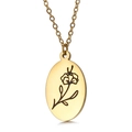 Gold oval pendant necklace with minimalist flower engraving and fine O-chain link - February Violet (KN227547-Z)