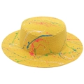 Close-up of a yellow boater straw hat with artistic multi-colored splatter paint design - One Size [Boater Straw Hat] / Graffiti (Yellow)