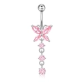 Silver belly button ring with pink zircon butterfly and dangling gems for body piercing - Pink Butterfly