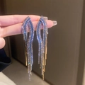 Detail of silver needle tassel earrings with purple and blue crystals on golden chain - 1# 925 Sterling Silver Earring Post - Colorful