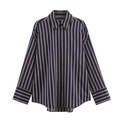 Women's casual lapel shirt with vertical red and white stripes on navy blue background - XS / Navy Red White Striped
