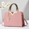Pink faux leather handbag with geometric texture and woven handle for women - Pink