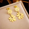 Elegant gold-plated stainless steel double daisy earrings on champagne satin backdrop - Double Layer Daisy Style (E5797 Gold)