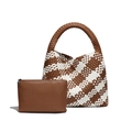 Brown and white geometric woven tote bag with matching zipper pouch two-piece set - Brown and White