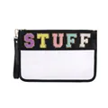 Waterproof PVC makeup bag featuring black and white design with chenille STUFF patches - Black-STUFF