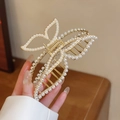 Elegant 11cm gold butterfly hair claw clip with pearl embellishments for women. - Large Pearl Butterfly