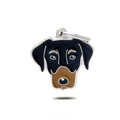Enamel pet ID tag featuring black and tan dog portrait with dual metal keyring - 25mm / Doberman