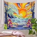 Detailed psychedelic wall tapestry featuring vibrant mushroom forest and ocean wave sunset motifs - 73X95CM / Brushed Fabric / QY823-1/Psychedelic Sunset Wave