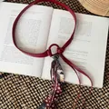 Vintage dark red leather belt with geometric pattern silk scarf accessory for jeans - Red