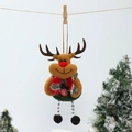 Close-up of a felt Christmas reindeer ornament with scarf, buttons, and wooden clip detail - New Chain Leg Reindeer