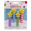 Colorful spiral birthday candles with smiley face stars in 4-piece blister pack set - Smiley Star 4 Pcs