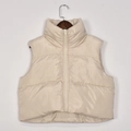 Detail view of glossy light beige stand-collar puffer vest with high-shine fabric finish - M / Apricot
