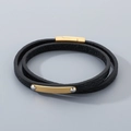 Detail of double-layer black leather bracelet with gold metal plate and magnetic clasp - Double Loop Black With Gold Square Plate (KB210529-KFC)