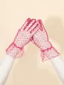 Elegant rose pink polka dot mesh gloves with ruffled edges for wedding and parties - One Size / Rose Red (Rose Red Polka Dots)