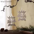 Set of 2 sparkling silver carousel ornaments hanging on a Christmas tree branch - Set of 2: Carousel
