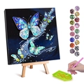 DIY diamond painting kit with colorful butterflies on blue canvas and wooden easel stand - Dark Blue Jewelry Butterfly (16) / 20x30cm