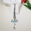 Silver multi-layer fringe necklace with blue star crystals on a white display card - #4 (approx 27.5cm) / Steel