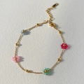 Gold plated stainless steel bracelet with colorful floral beads and adjustable clasp - 21+4cm Anklet Multicolor