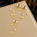 Golden jewelry set with bee, pearl, and flower charms featuring fringe necklace and earrings - Necklace and Earrings Set (N3524 E6248)