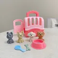 Pink pet carrier toy set with four cute plush puppies and feeding accessories for kids - Pink (8-Piece Set)