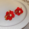 Vintage style red floral stud earrings with gold edges on white ceramic tray - 12 Silver Needles - Red.