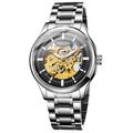 Men's automatic mechanical watch with skeleton dial and stainless steel band - Silver Band Silver Case Black Dial