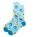 Sky blue cotton crew socks featuring cute cartoon black cat in a teacup design - 38-46 / Sky Blue Cup Cat (1912C)