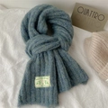 Thick knitted dark blue wool scarf with Shetland Virgin Wool label on soft white fabric - 175*25cm / Mottled Green