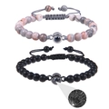 Adjustable couple bracelets with I Love You projection stone in marble and matte black beads - Pink Zebra Stone + Matte Stone