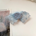 Handmade light luxury blue lace mesh hair bow with rose detail on white background - Blue Lace Bow Rose Hair Accessory / Blue