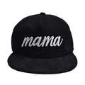Close-up of white MAMA embroidery on black corduroy flat brim baseball cap texture - One Size(Adjustable) / Black